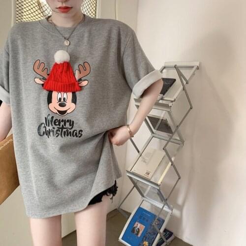 2021 summer new short-sleeved t-shirt short-sleeved t-shirt loose Christmas Korean gray mid-length tops