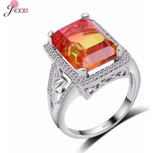 Orange Color Rainbow Austrian Crystal Wedding Engagement Rings For Women With Cubic Zircon Silver Bands Anillos