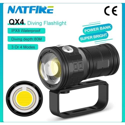 NATFIRE Professional Scuba Diving Flashlight Depth Rated to 80m Dive Torch Waterproof IPX8 Underwater Lights USB Rechargeable