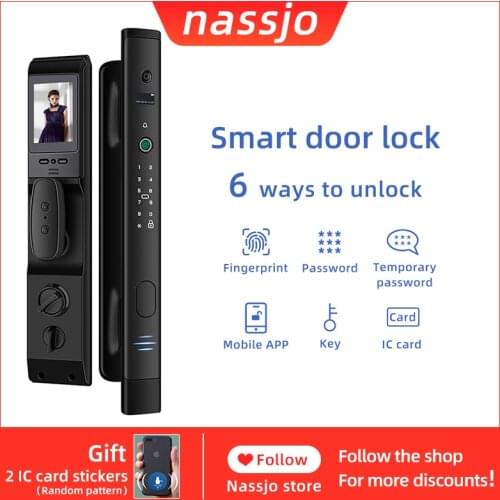 Nassjo Fingerprint Lock With Camera Screen Digital Password Door Lock Intelligent Smart Electronic Lock Safety IC Card Unlock
