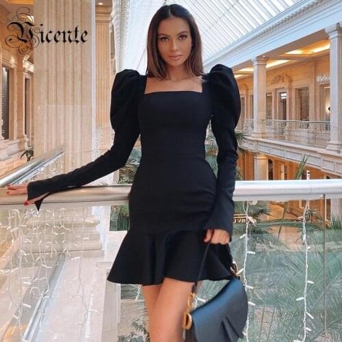 VC Trendy Black Mini Dress Puff Sleeves Design Square Collar Ruffles Celebrity Party Club Bandage Women Dress Vestido