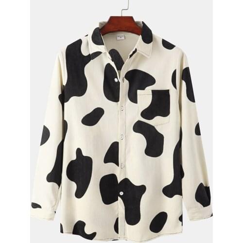 Corduroy Men Cow Print Blouse Shirts Tunic Unisex Tops 2021 Womens Wear Long Sleeve Clothing Button Up Down Loose White New