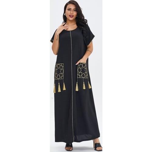 Ladies Muslim Long Skirt Summer Short Sleeve Long Skirt Robe Muslim Middle East Dubai Pure Color Fringed Pocket Dress