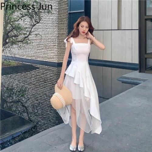 Women Summer 2 Piece Sets White Outfits Sleeveless Sexy Irregular Suspender Slip Dress&Mesh Puffy Lining Skirt Fashion 2pc Suits