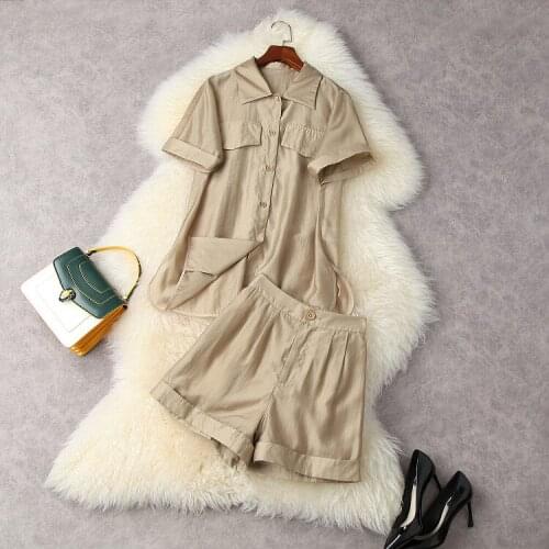 European and American womens wear for summer 2021 Short sleeved single-breasted shirt Khaki shorts Fashion suits
