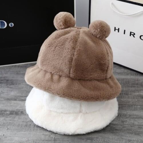 Women Winter Fluffy Plush Warm Bucket Hat with Cute Pompom Bear Ears Solid Color Leopard Short Brim Cloche Fisherman Cap M19 21