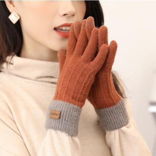 Womens autumn winter thicken contrast color knitted gloves ladys touchscreen slim glove winter driving glove R3453