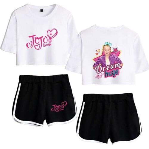 New Printed JOJO SIWA White Exposed Navel T-shirt+Black shorts womens two-piece sets Casual girls two-piece suits Clothing