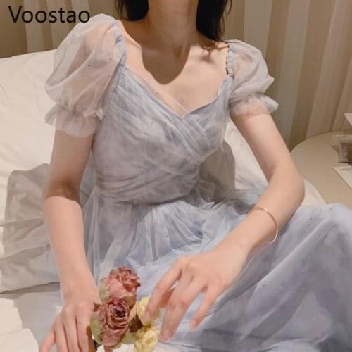 Summer Sweet Tulle Dress Women Vintage French Style Lace Fairy Dress Elegant Puff Sleeve Lace-Up Princess Party Dresses 2021