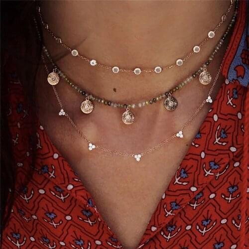 New Boho Fashion Crystal Pendant Necklaces For Women Vintage Gold Flower Color Stone Necklace Multilayer Female Jewelry Gift