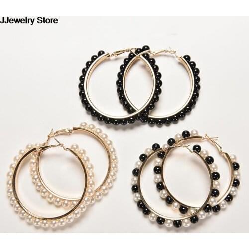 1 Pair Women Girls Jewelry Hoop Earring Black White Pearl Earring With Stainless Steel Pin Big Circle Loop Earrings New Arrival