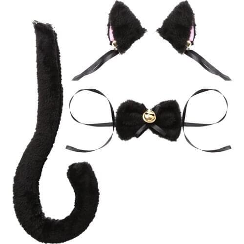 Anime Cat Fox Ear Bell Headband Women Girl Plush Hair Hoop Bow Tie Tail Housekeeper Maid Cosplay Accessories for Halloween Party