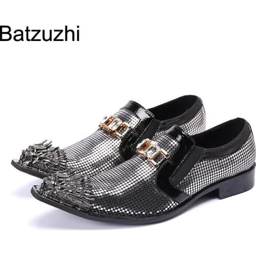 Batzuzhi Luxury Handmade Men Shoes Pointed Metal Toe Slip-on Black Genuine Leather Dress Shoes Men Party and Wedding Footwear