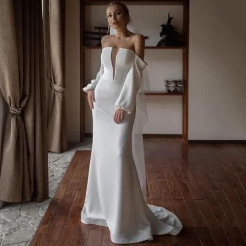 White Sheath Wedding Dress 2021 Puff Long Sleeve Bridal Dresses Women Couture Strapless Simple Wedding Gowns Graden Vestidos