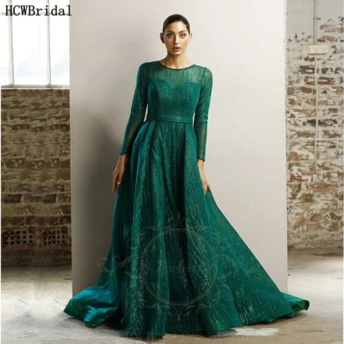 Glitter Green Long Sleeves Arabic Evening Dress A Line Plus Size Women Formal Dresses 2020 New Design Graduation Party Gowns