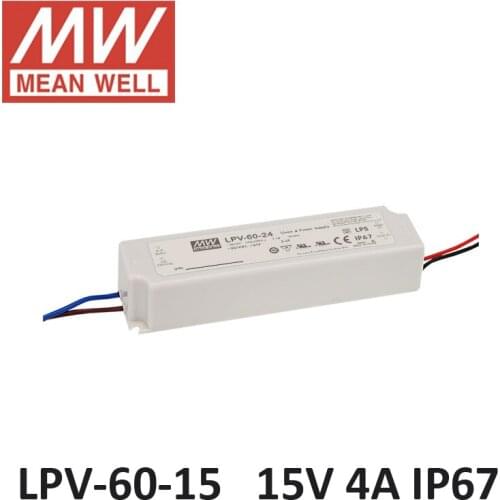 Meanwell waterproof 15V power supply LPV-60-15 UL CB CE PSU 60W 15V 4A LED screen power supply IP67 driver for LED lighting