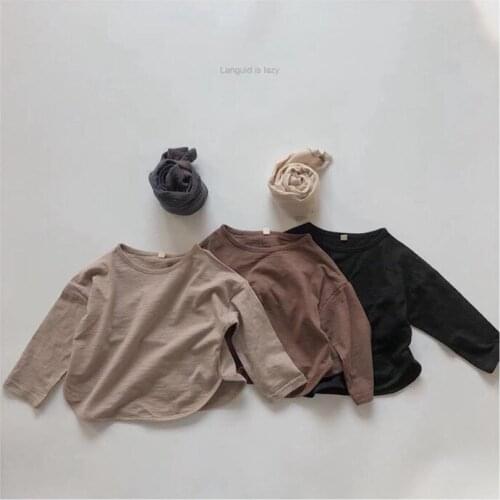 Childrens long-sleeved T-shirt 2021 spring new Korean boys and girls retro slubby cotton Mori loose bottoming shirt