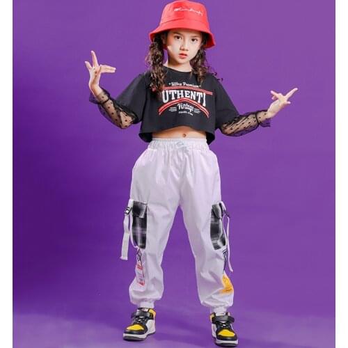 Kids 2 Pieces Sets Lace Splice T-shirt Pant Girl Streetwear Stage Show Dance Hip Hop Jazz Clothes Children Tracksuit Costumes