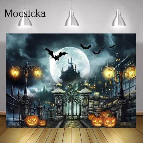 Halloween Castle Portrait Backdrop Pumpkin Lantern Dark Full Moon Night Background Bats Halloween Theme Birthday Cake Table Prop