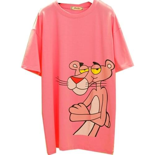 Cotton womens loose short sleeve T-shirt dress panther printed shirt cartoon round neck pink dress woman large size