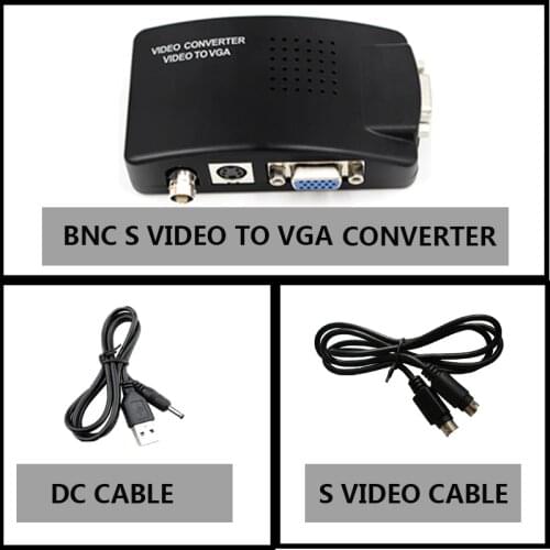 BNC to VGA Video Converter, S-video Input to PC VGA Out Adapter with dc cable or s video cable or power adapter