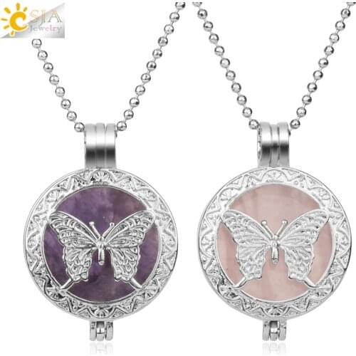 CSJA Natural Stone Healing Pendant Butterfly Hollow Locket Aromatherapy Essential Oils Diffuser Necklaces for Women Jewelry G279