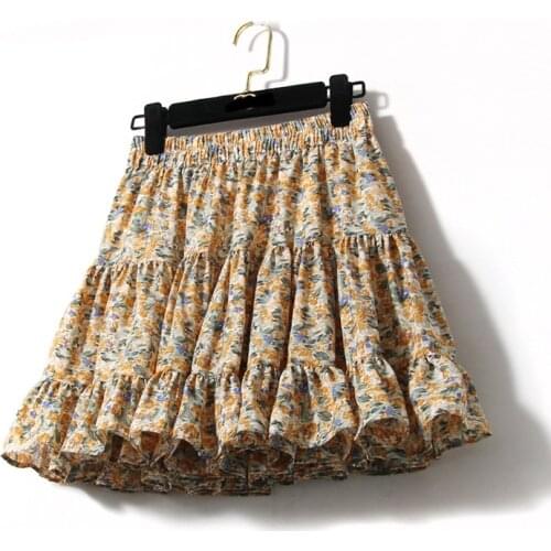 Summer Womens Skirt with Shorts 2021 High Waist Floral Printing Ruffle Kawaii Skirts Women Cute Sweet Girls Puffy Mini Skirt