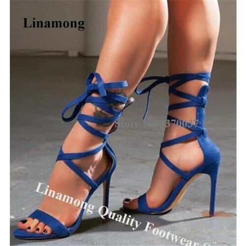 Linamong Women Suede Leather Thin Straps Cross Stiletto Heel Gladiator Sandals Lace-up Blue High Heel Sandals Club Dress Shoes