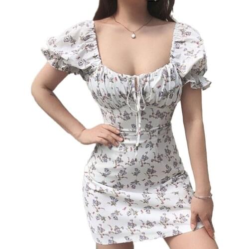 French Floral Printing Dress Sweet Puff Sleeve Backless Sheath Mini Dress High Waist Bandage Skinny Dresses Streetwear Hot Sale