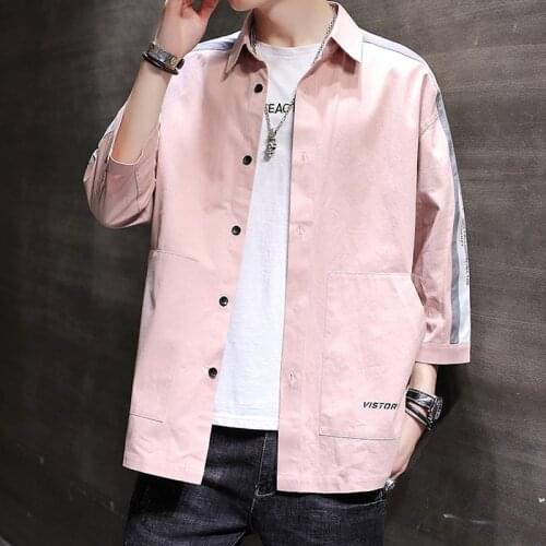 2020 Men Casual Shirt Man Fashion Three Quarter Sleeve Shirts Button Streetwear Cotton Camisa Solid Color Pink Blouse