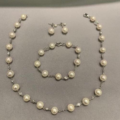 Jewelry set natural fresh water pearl necklace bracelet and earring 925 sterling silver with cubic zircon wedding jewelry