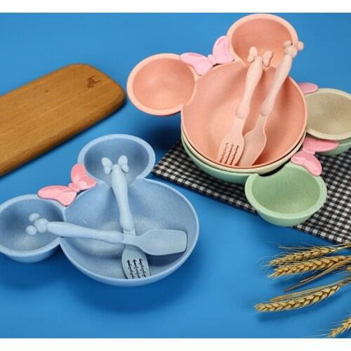 New! Wheat Straw Kids Tableware 3pcs Blue Panda bowl Dinner Plate Kindergarten Children Kids Cartoon Dinnerware Spoon Fork Set