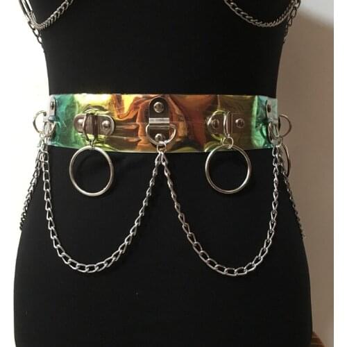 New Fashion Women Rainbow PVC Wide belt with Metal Chain Tassel Waist belt with Punk O-Ring Female Clothes Decoration