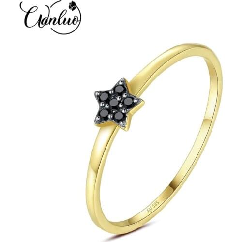 WANLUO Genuine 14K Yellow Gold Black Cubic Zircon Star Shaped Wedding Bands Rings for Women Fashion Circle Bridals Rings Jewelry