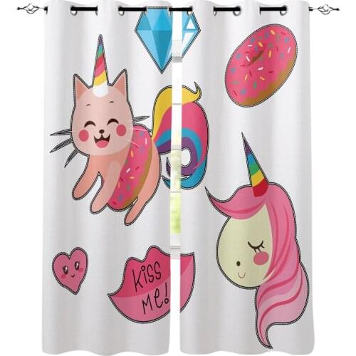 Pink Cat And Unicorn Kitchen Curtains Bedroom Decor Items Curtain Panel Window Curtains for Living Room