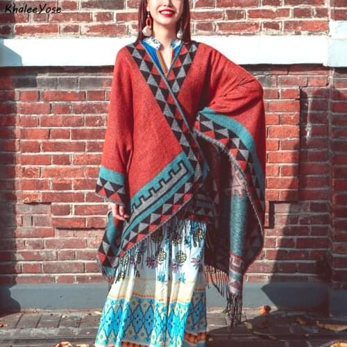 KHALEE YOSE Vintage Ethnic Boho Women Cardigan Cloak Spring Autumn Floral Tassles Boho Cape Shawl Poncho Thick Warm Outwear 2021