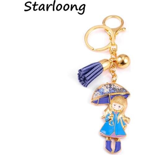 High Quality Drip gold color Keychain Chaveiro Drop oil Glaze little girl blue skirt with umbrella women stainless Key Ring