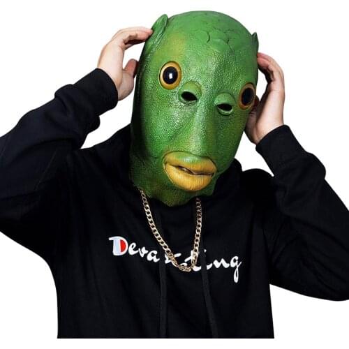Funny Green Fish Head Mask Cosplay Costume Halloween Carnival Party Unisex Adult Headgear Alien Animal Latex Masks Toys Gift