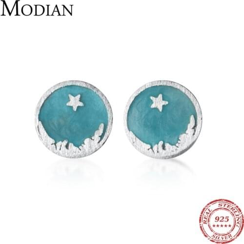 MODIAN Bule Enamel Starry Sky Ear Pin for Women Pure 925 Sterling Silver Simple Anti allergy Stud Eareing Fine Jewelry Kids Gift