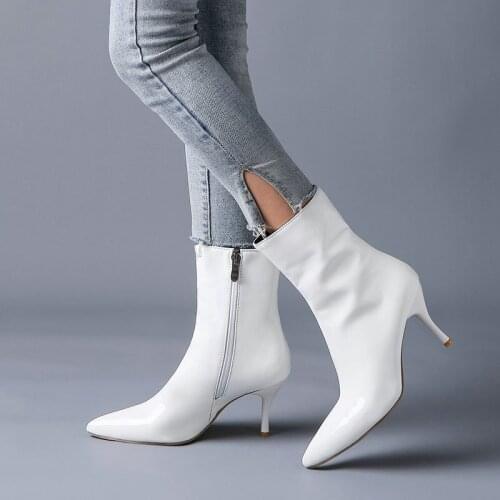 Ladies Patent Leather Short Boots Spring Autumn Fashion Zipper Pointed Toe Women Shoes Warm Winter Thin High Heel Mid Calf Boots