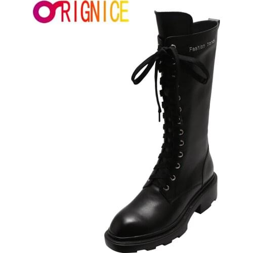 Orignice Women Lace Up Mid-Calf Boots New Casual Autumn High Quality Round Toe Thick Sole Square Heeled Zipper Wild Shoes Black