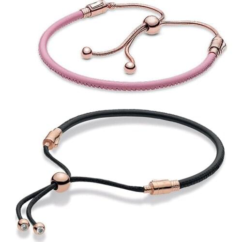 925 Sterling Silver Rose Moments Pink Leather Slider Pandora Bracelet Bangle Fit Women Bead Charm Jewelry