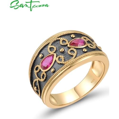 SANTUZZA Genuine 925 Sterling Silver Ring For Women Pear Lab Created Ruby Yellow Black Plating Luxury Gothic Style Fine Jewelry