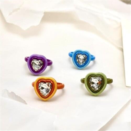 New Trend Female Enamel Crystal Heart-Shaped Ring Multi-Color Resin Open Womens Ring Friendship Jewelry Gifts