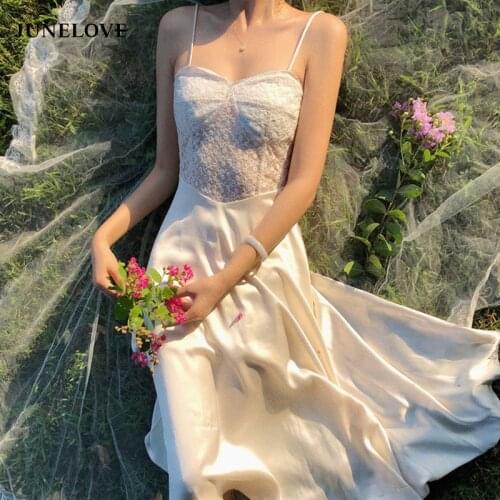 JuneLove Vintage Hollow Out Long Lace Dress Vestidos Spaghetti Strap High Waist Summer Party Dress A Line Sweet Stain Lady Dress