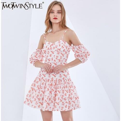 TWOTWINSTYLE Print Dress For Women Square Collar Lantern Sleeve Off Shoulder High Waist Floral Mini Dresses Female 2021 Clothing