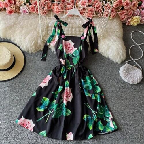 Women Vintage Bandage Dress Vestidos Mujer Summer Slim A Line Floral Printed Party Formal Dresses Woman Black Boho Dress