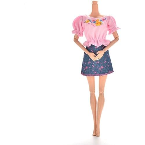 1 Pcs Pink T Shirt and Blue Denim Skirt Handmake Fashion Clothing Gown For Doll Free Shipping
