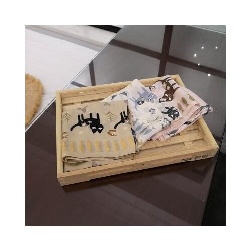 70*70cm New Silk Scarf Female Korean-Style Small Square Scarf Kitten Fish Khaki Neckerchief Decorative Bag