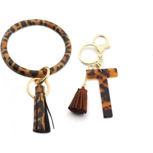 Acrylic Initial Keychain Letter Tassel Key Chain for Women Leopard Resin Bangle Keychain Women Fashion Bag Accessories